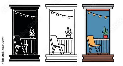 Three stylized balconies show different design options with chairs and plants.