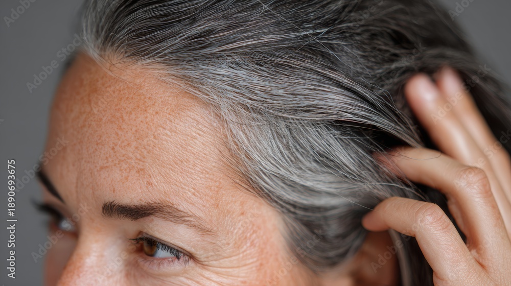 Fototapeta premium Close up view of person touching hair with gray streaks showing signs of natural aging and the changes in hair color over time