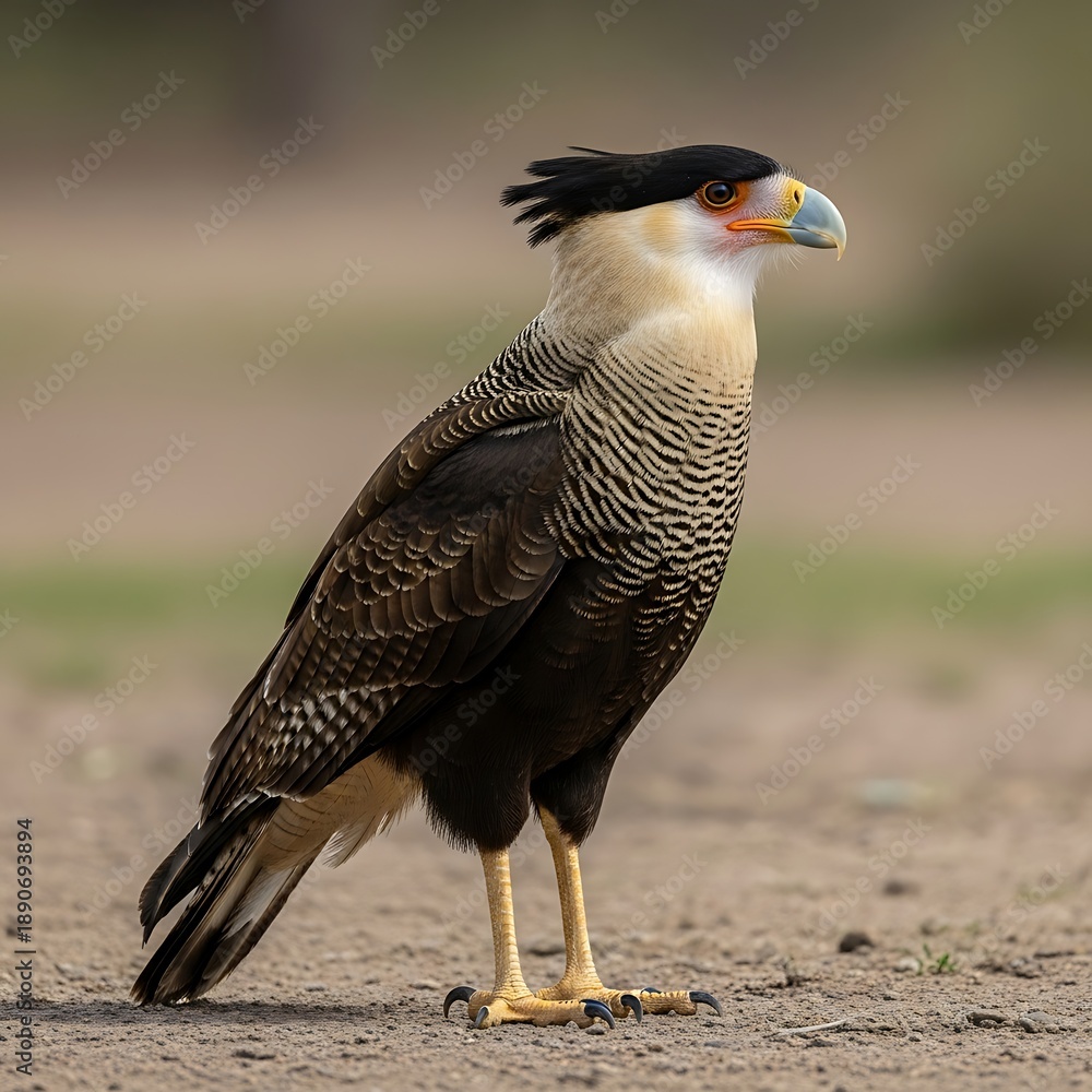 Fototapeta premium A crested caracara stands on dry ground, viewed from the side in a natural outdoor setting