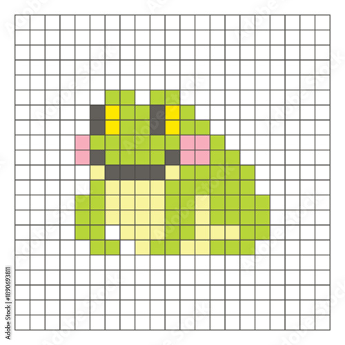A flat pixel design made of geometric square color blocks on a clean grid layout. Pixel art frog