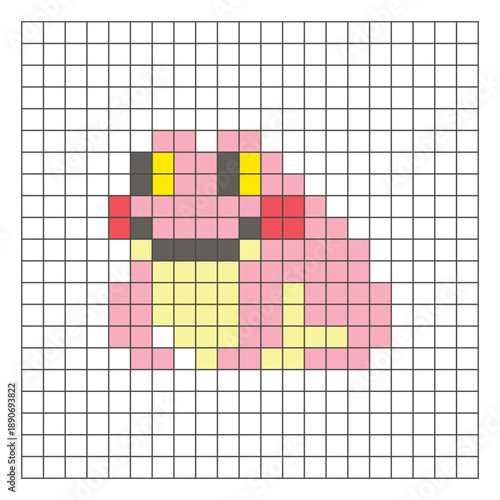 A flat pixel design made of geometric square color blocks on a clean grid layout. Pixel art frog