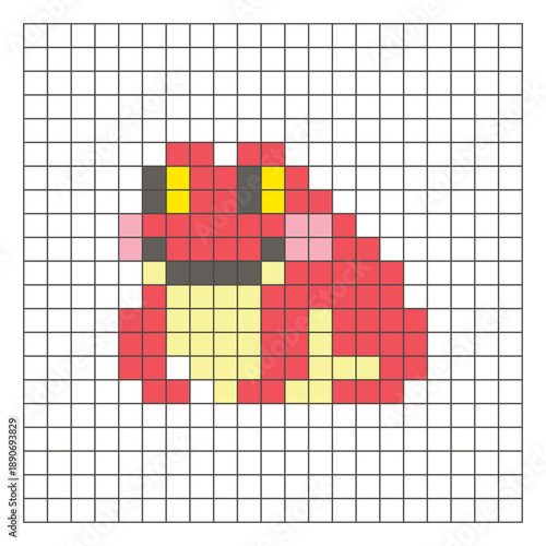 A flat pixel design made of geometric square color blocks on a clean grid layout. Pixel art frog