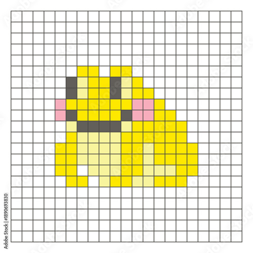 A flat pixel design made of geometric square color blocks on a clean grid layout. Pixel art frog
