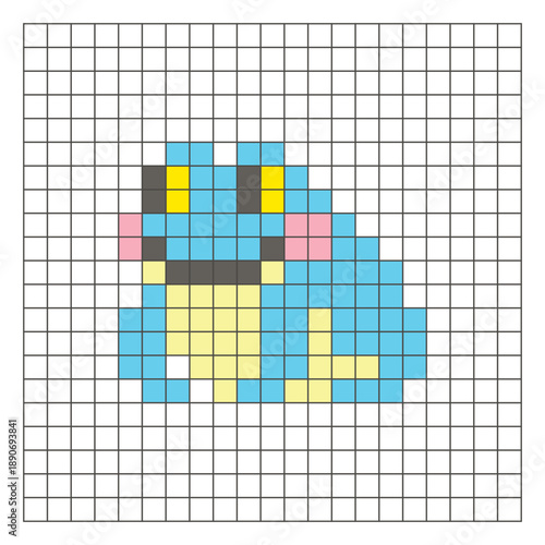 A flat pixel design made of geometric square color blocks on a clean grid layout. Pixel art frog
