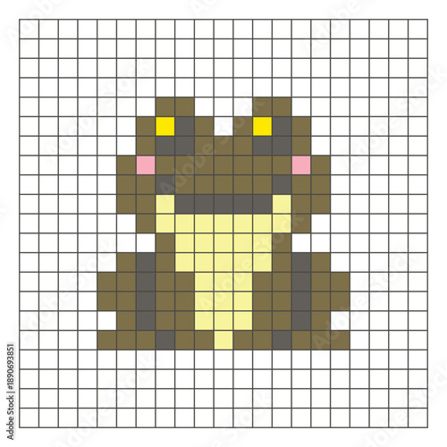A flat pixel design made of geometric square color blocks on a clean grid layout. Pixel art frog