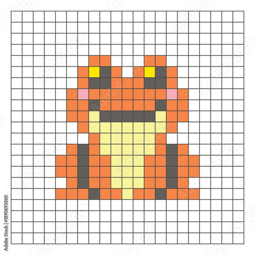 A flat pixel design made of geometric square color blocks on a clean grid layout. Pixel art frog