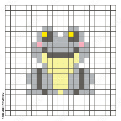 A flat pixel design made of geometric square color blocks on a clean grid layout. Pixel art frog