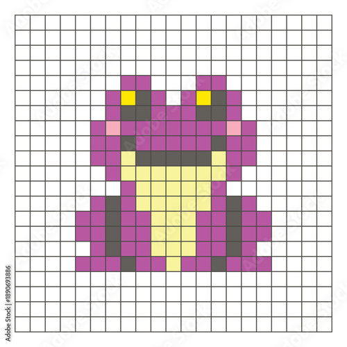 A flat pixel design made of geometric square color blocks on a clean grid layout. Pixel art frog
