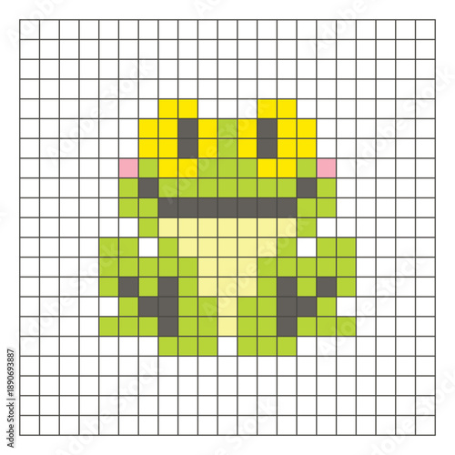 A flat pixel design made of geometric square color blocks on a clean grid layout. Pixel art frog