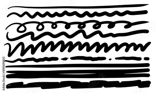 Set of artistic pen brushes. Hand drawn grunge strokes. Doodle lines, various dividers for web sites. Vector illustration