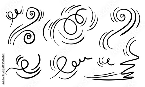 Doodle wind line sketch set. Hand drawn doodle wind movement, air blowing, vortex elements.