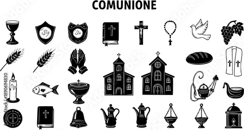 Catholic Communion Icons: Chalice, Cross, Church, Dove, Bread, Grapes, Vestments, Rosary, Bell, Candle, Fish, Book