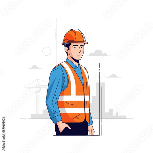 Construction worker in hard hat and safety vest, city skyline background