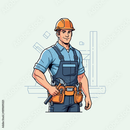 Construction worker in hard hat and tool belt holding wrench