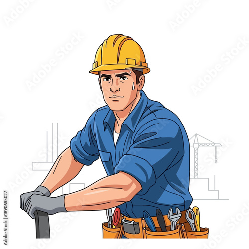 Construction worker in hard hat and tool belt, illustration
