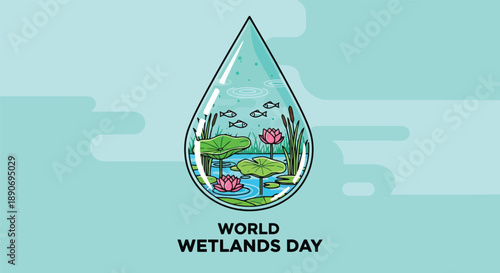 Water Droplet with Wetlands Ecosystem Illustration.