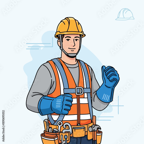 Construction worker in safety gear, smiling, giving thumbs up