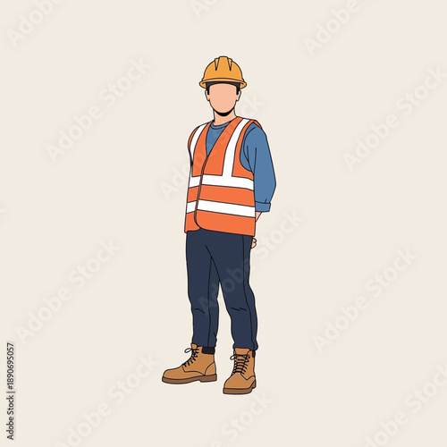 Construction worker in safety vest and hard hat, standing, full body, flat illustration