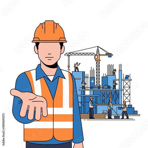 Construction worker offers help at building site with cranes and workers