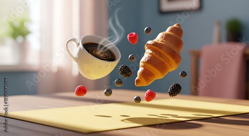Playful surreal silliness breakfast scene with floating coffee cup, croissant and fresh berries in mid-air above a sunny table