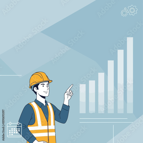 Construction worker pointing at growing bar chart, calendar icon, gears icon