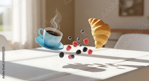Playful surreal silliness breakfast scene with floating coffee cup, croissant and fresh berries in mid-air above a sunny table