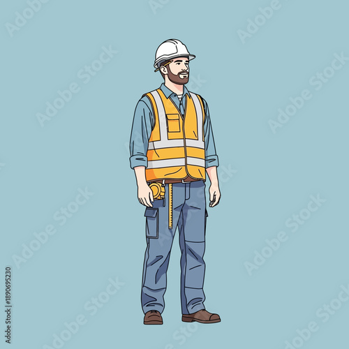 Construction worker with safety vest and hard hat, holding measuring tape