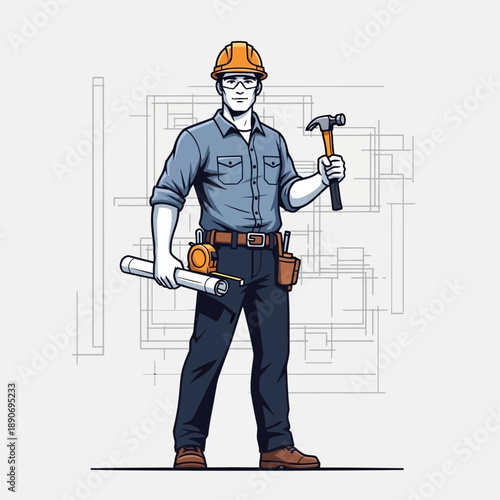 Construction worker with tools and blueprints, illustration