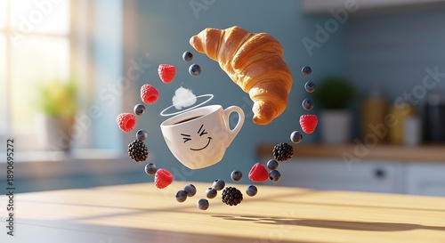 Playful surreal silliness breakfast scene with floating coffee cup, croissant and fresh berries in mid-air above a sunny table