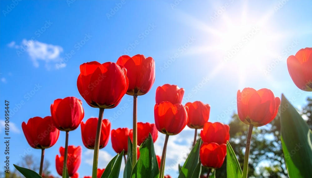 Obraz premium Vibrant Red Tulips Reaching Towards the Bright Sun in a Clear Blue Sky, Springtime Blooms.
