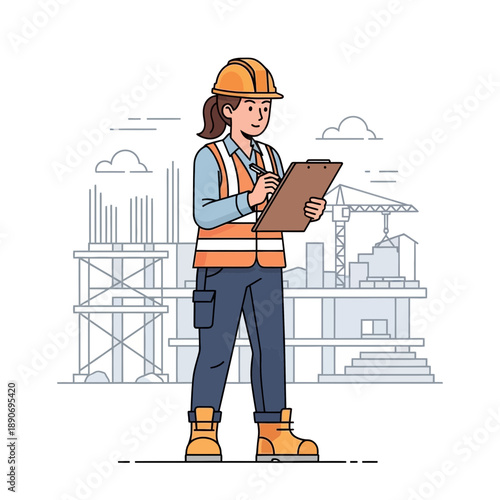 Woman architect inspecting construction site with clipboard