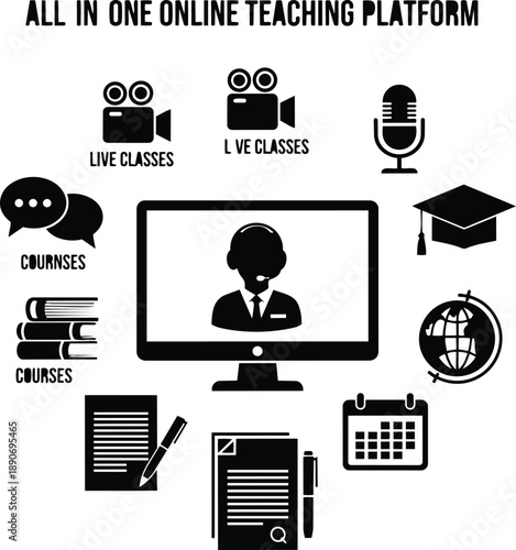 Online teaching platform, e-learning icons, all in one education