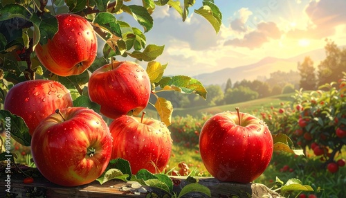 Vibrant Red Apples Hanging from a Lush Green Tree Branch in a Picturesque Orchard.