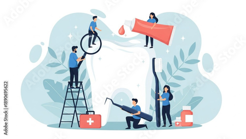 International Oral Health Day working together to maintain and protect a large tooth, symbolizing comprehensive dental health, oral hygiene, and professional care