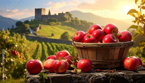 Vibrant Red Apples in a Basket with a Castle and Vineyard Landscape at Sunset.