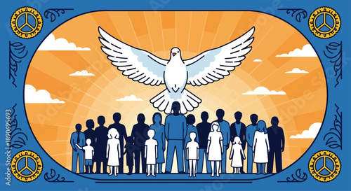 Illustration of Dove and People Standing Together.