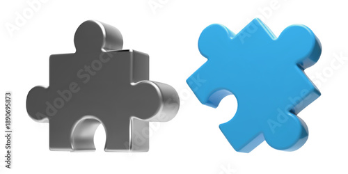 Blue metal 3D puzzle piece icon set. Jigsaw for team business solution. Connect and join for cooperation strategy. Isometric render with chrome and plastic. Build solution with creative mind work