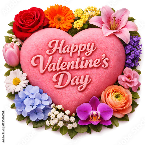 Happy Valentine’s Day Pink Heart with Colorful Flowers Floral Romantic Background