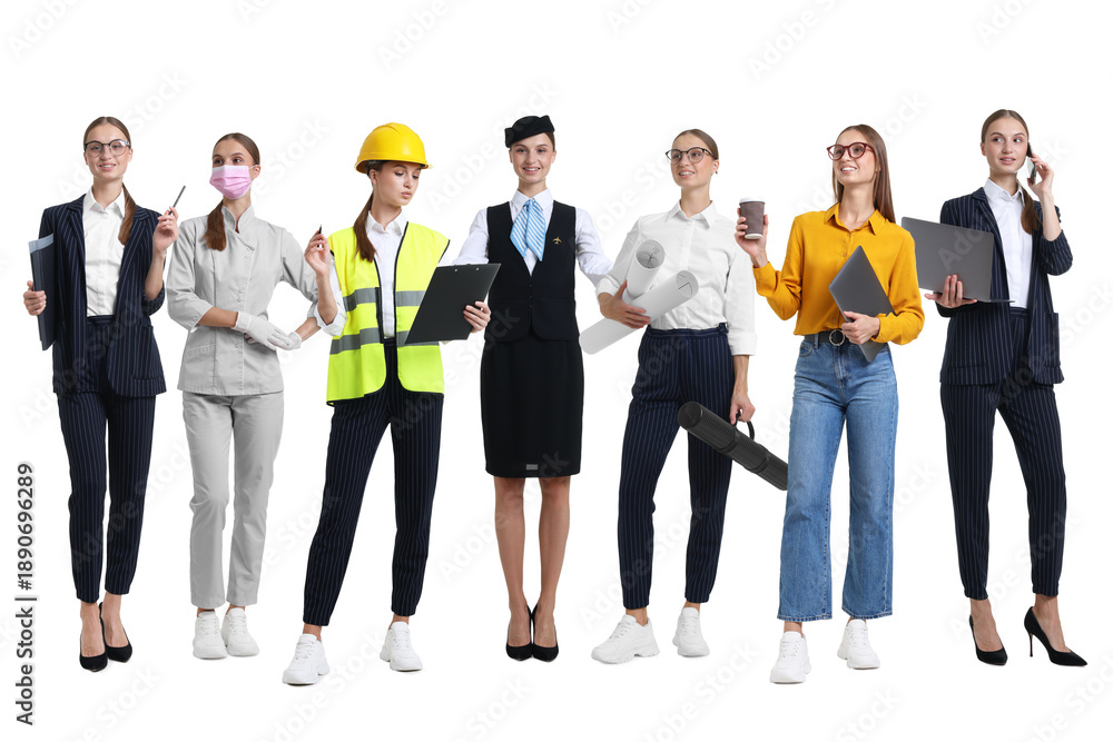 Obraz premium Choice of profession. Same woman representing different occupations. Collage of portraits on white background