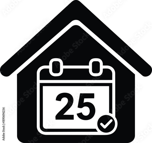 House with calendar on 25th day marked, home schedule icon