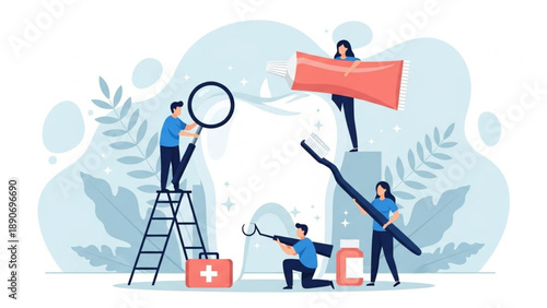 A team of miniature characters collaborating to maintain optimal oral hygiene, demonstrating the comprehensive process of dental care for a healthy and bright smile