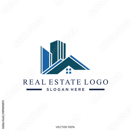 Modern Real Estate Logo with Abstract Buildings and House Icon
