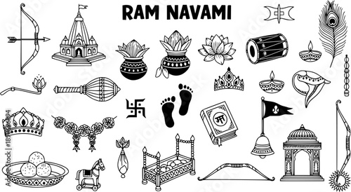 Black and White Line Art Doodle Icons Set for Ram Navami Festival. Hand-drawn Hindu Religion Symbols and Lord Rama Elements Collection.