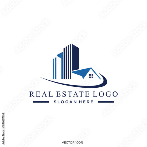 Modern Real Estate Logo with Cityscape and House Icon