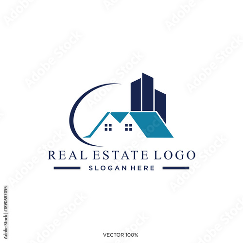 Modern Real Estate Logo with Abstract Buildings and House Icon
