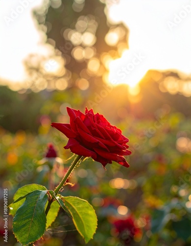 Vibrant Red Rose in Golden Hour - A Stunning Botanical Portrait in a Garden.
