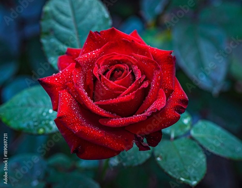 Vibrant Red Rose in Full Bloom with Water Droplets on Petals and Green Leaves.