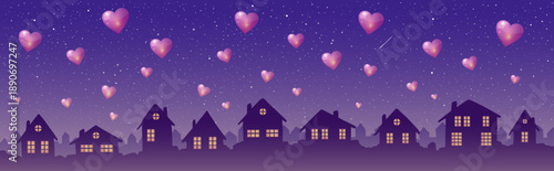 Vintage town at evening. Bright glowing flying  baloon hearts and shooting star.