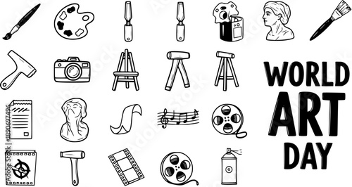 World Art Day Hand-Drawn Black and White Line Art Icons Set: Creative Tools, Hobby Supplies  Cultural Symbols for Education and Entertainment Vector