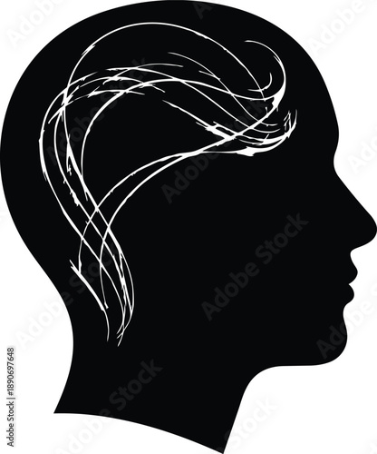 Black silhouette of a human head with white line art, side profile, creative thinking concept